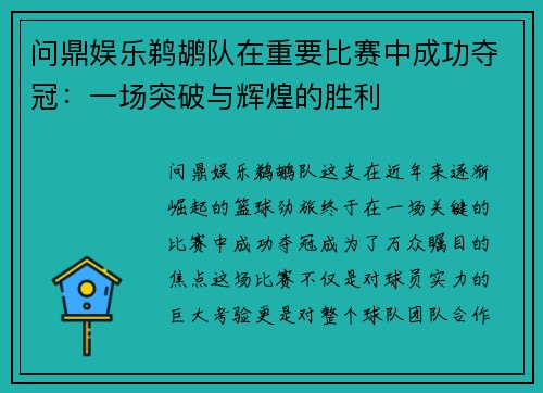 问鼎娱乐鹈鹕队在重要比赛中成功夺冠：一场突破与辉煌的胜利